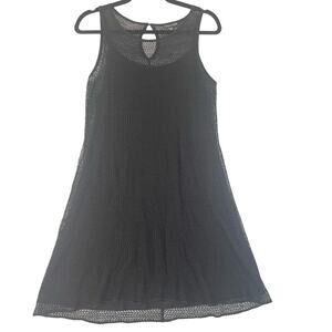 Eileen Fisher Herringbone Open Knit Lace Tank Dress Size Small Sheer Black